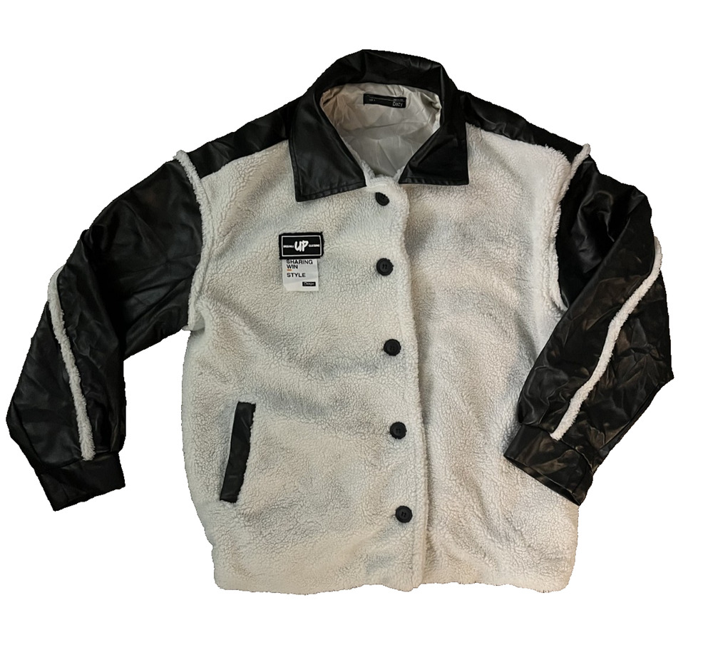 Women's Dazy Size Small White Black Faux Leather Button Up Collared Jacket Fuzzy